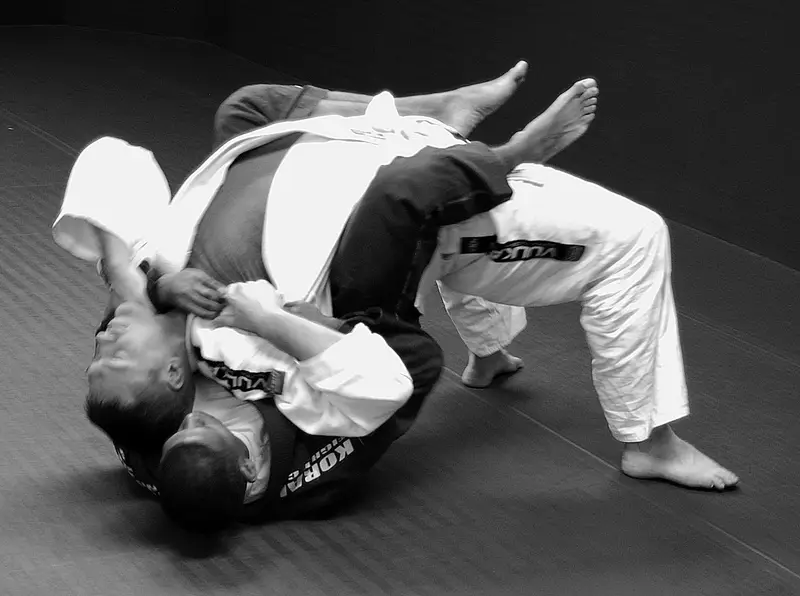Two jiu-jitsu competitors grappling on a mat, one taking the other's back