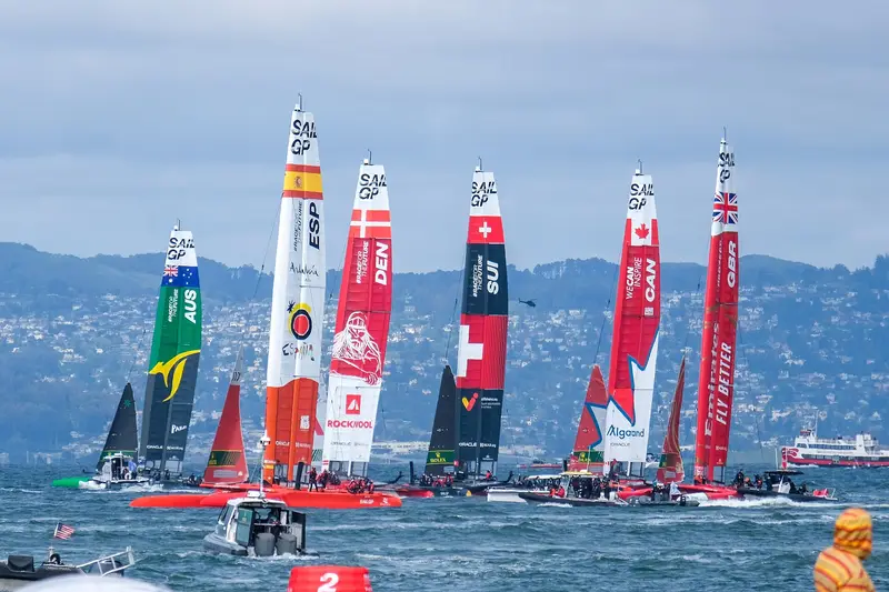 SailGP catamarans lined up on San Francisco Bay during the Season 3 Grand Final