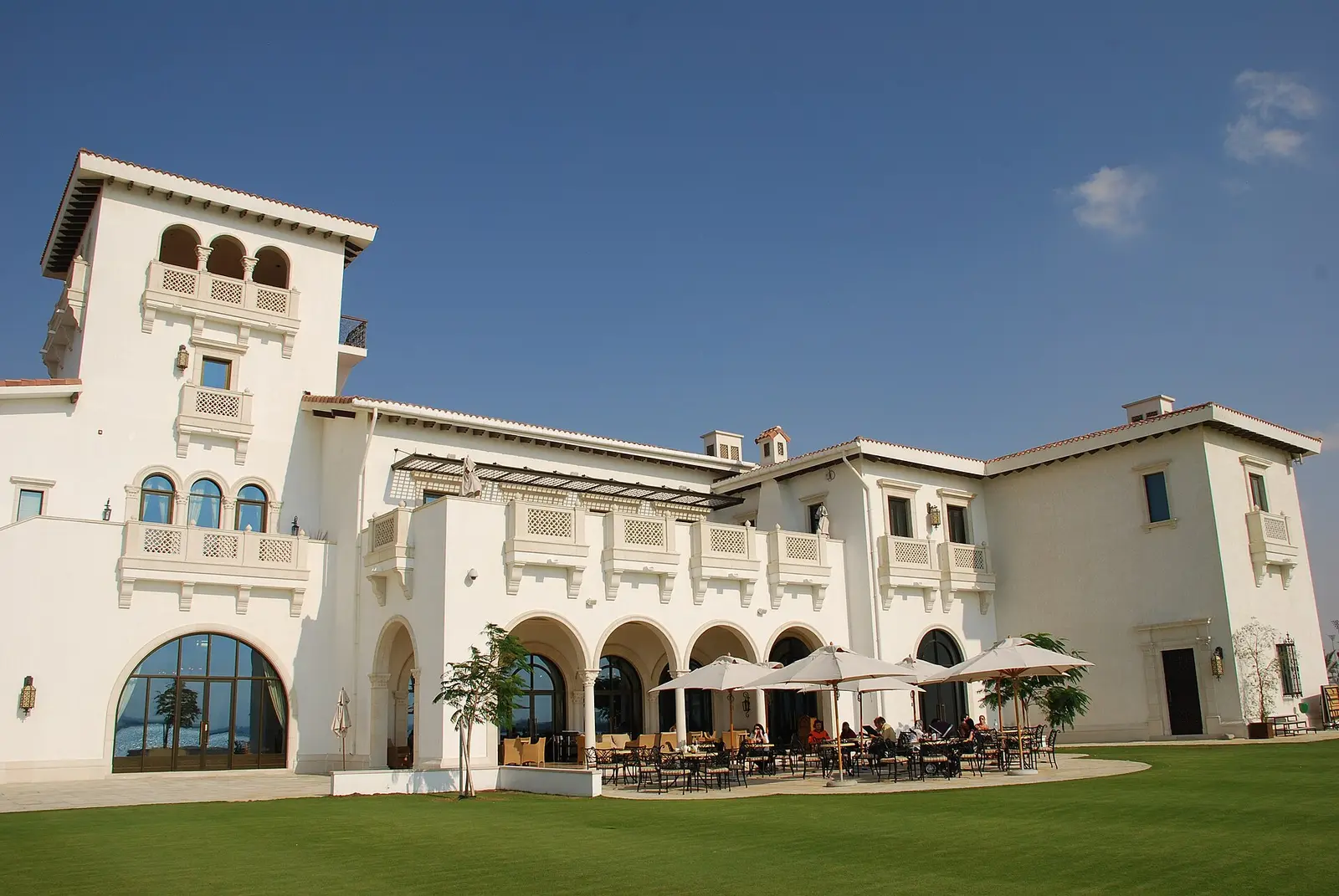 The Mediterranean-style clubhouse at Yas Links Golf Course in Abu Dhabi
