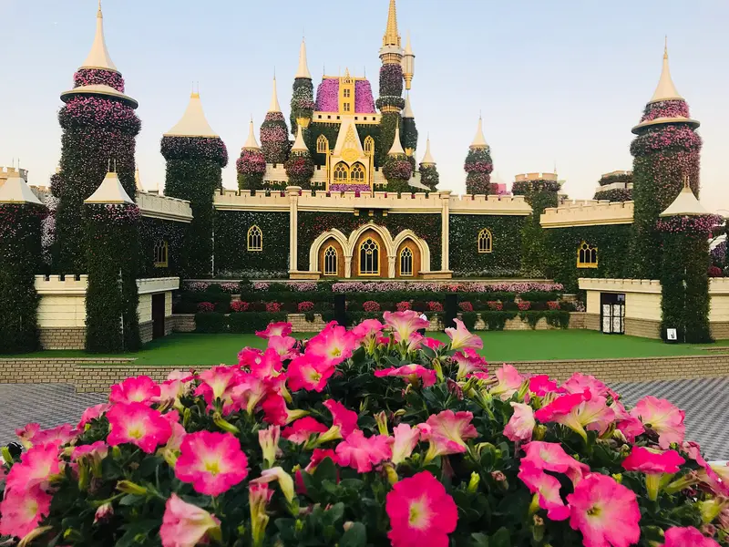 A castle made of flowers at Dubai Miracle Garden