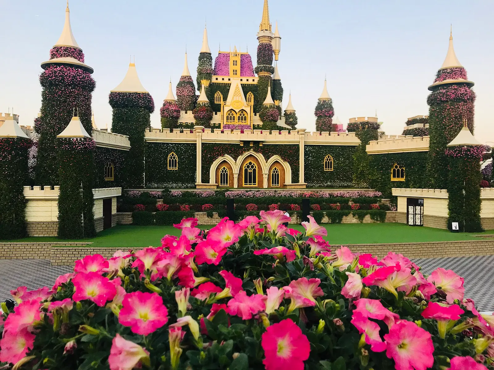 A castle made of flowers at Dubai Miracle Garden