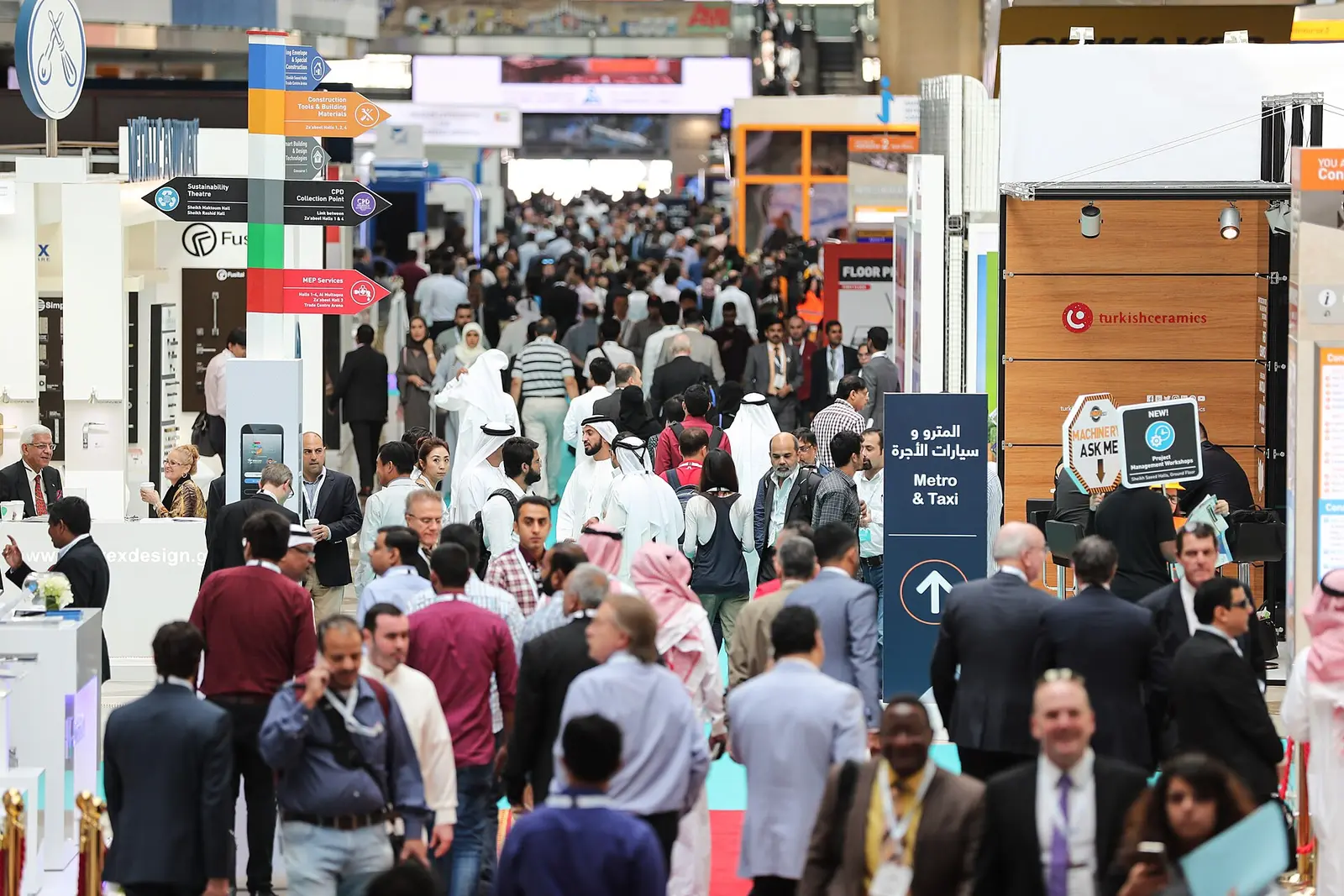 Crowded aisle of a trade show hall at Dubai World Trade Centre during The Big 5 in 2016