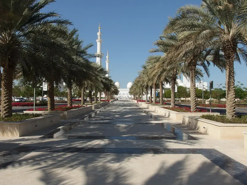 Palm lined approach to the Sheikh Zayed Grand Mosque in Abu Dhabi